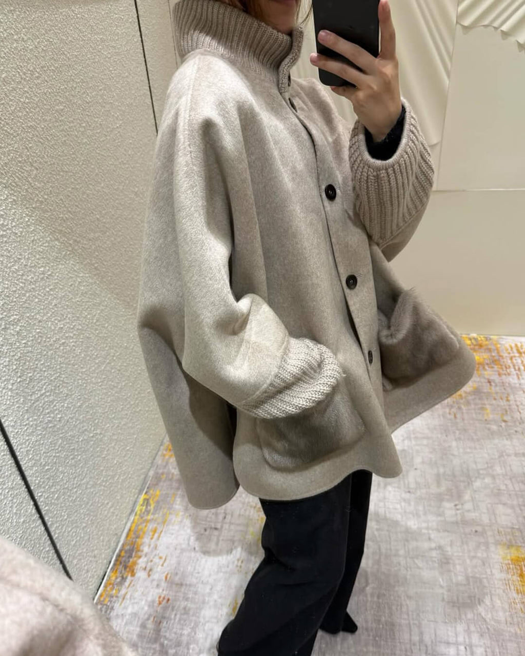 Terry Turtleneck Faux Fur Knit Coat