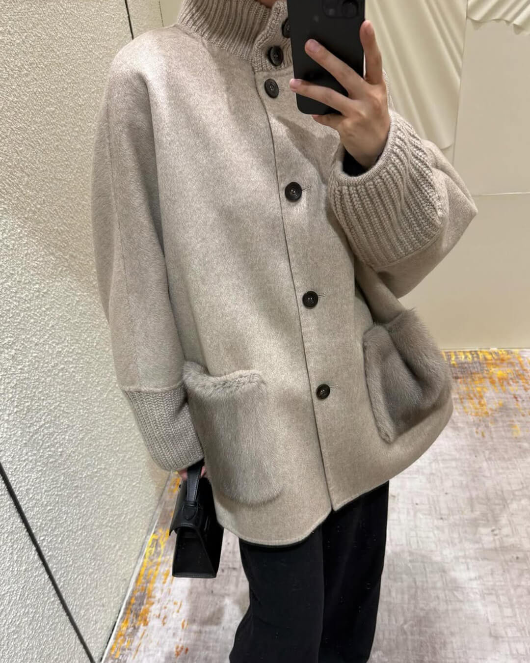 Terry Turtleneck Faux Fur Knit Coat