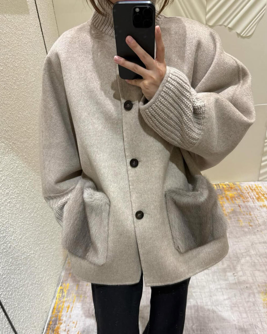 Terry Turtleneck Faux Fur Knit Coat