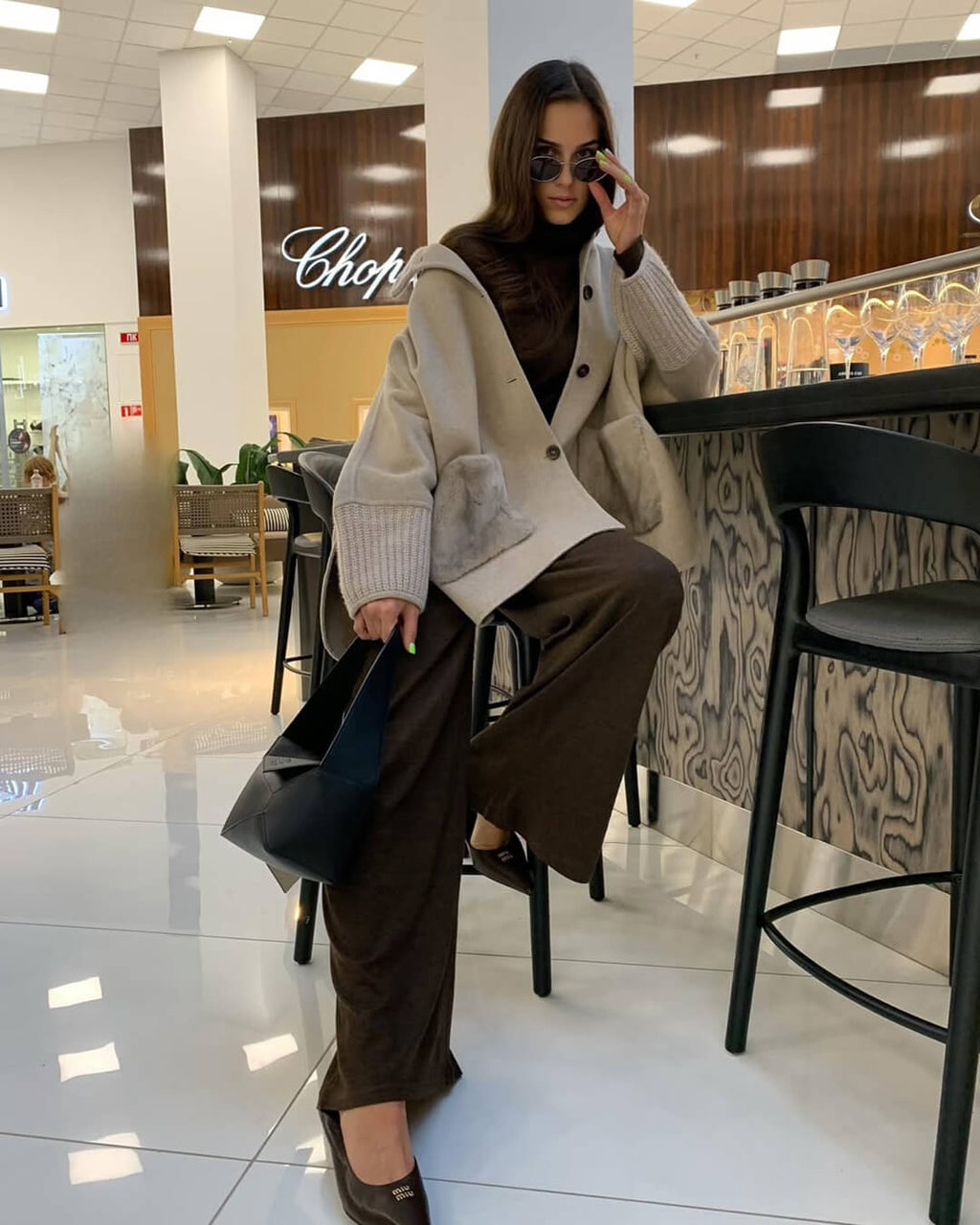 Terry Turtleneck Faux Fur Knit Coat