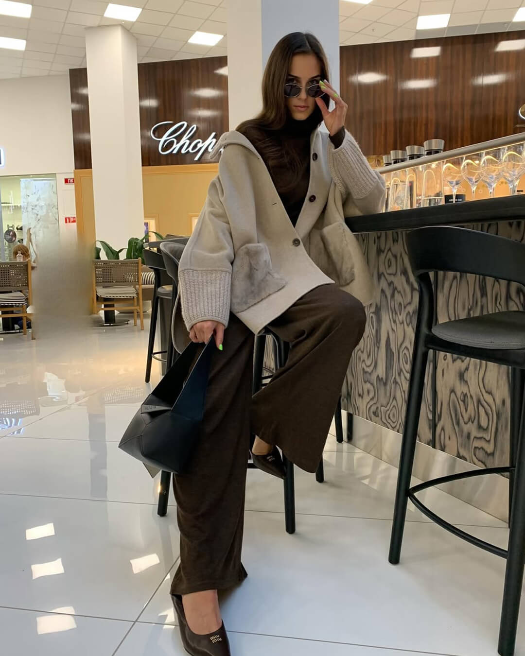 Terry Turtleneck Faux Fur Knit Coat