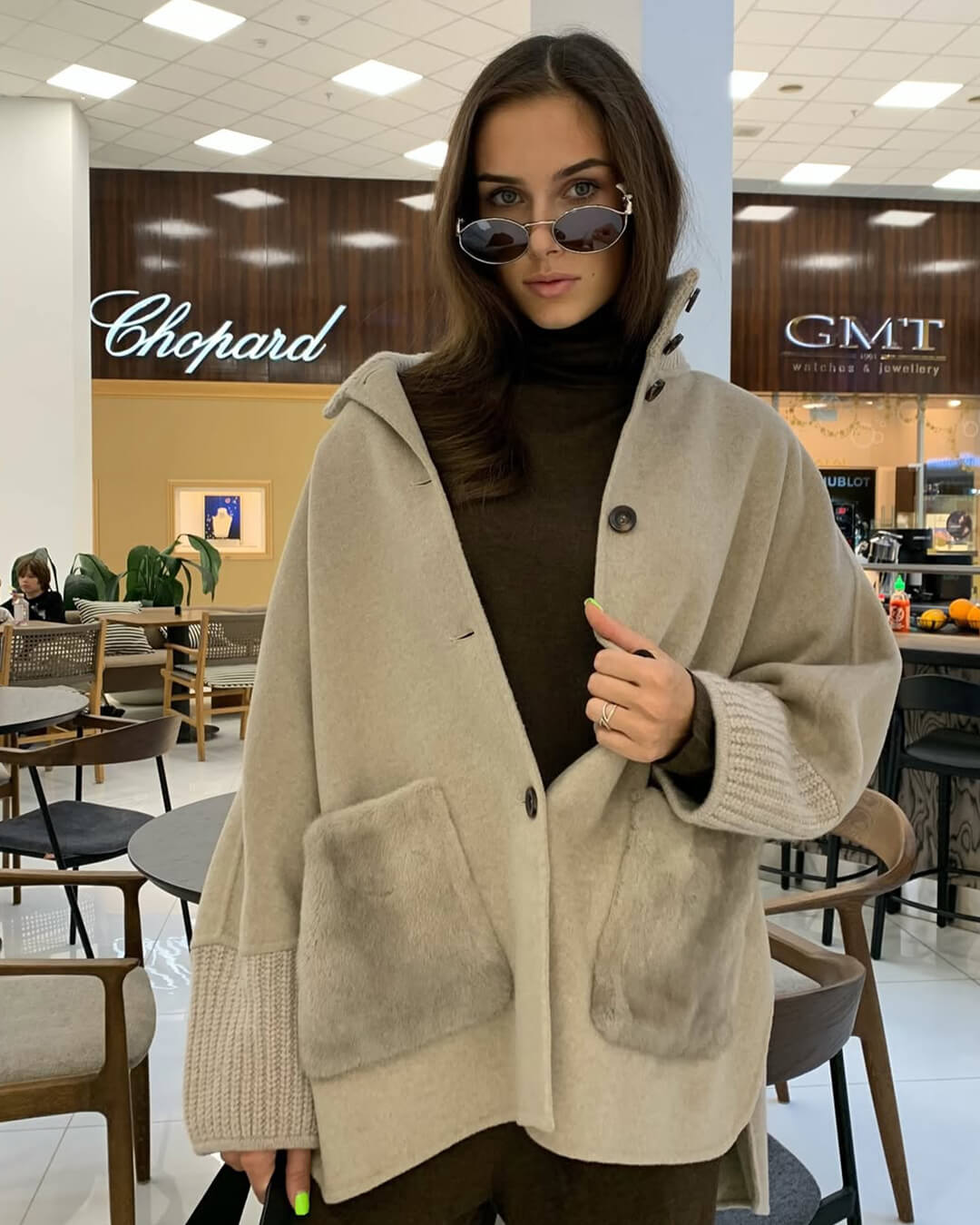 Terry Turtleneck Faux Fur Knit Coat