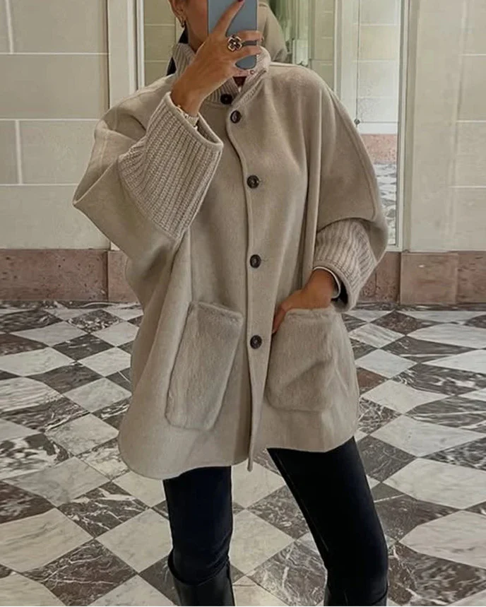 Terry Turtleneck Faux Fur Knit Coat