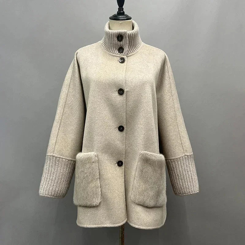 Terry Turtleneck Faux Fur Knit Coat