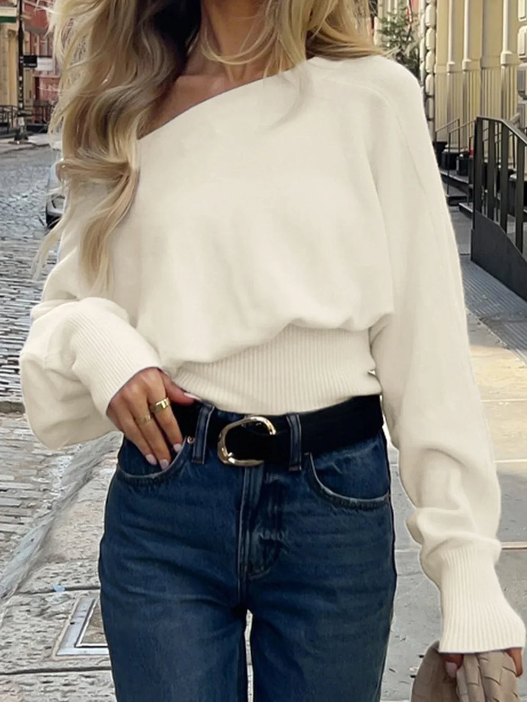 Aubrey Waisted Off-Shoulder Knit Sweater