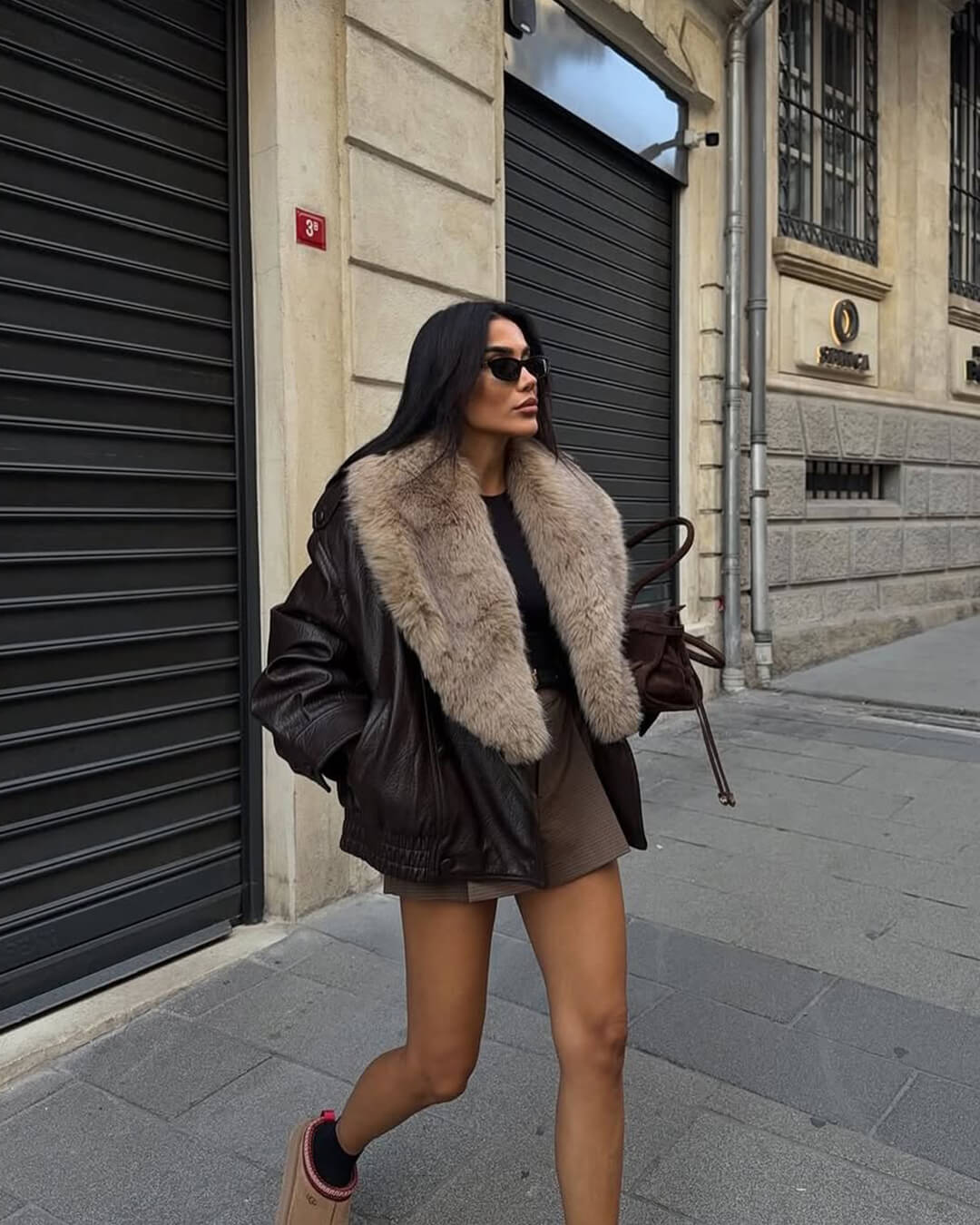 Francesca Faux Leather Jacket with Detachable Fur Collar